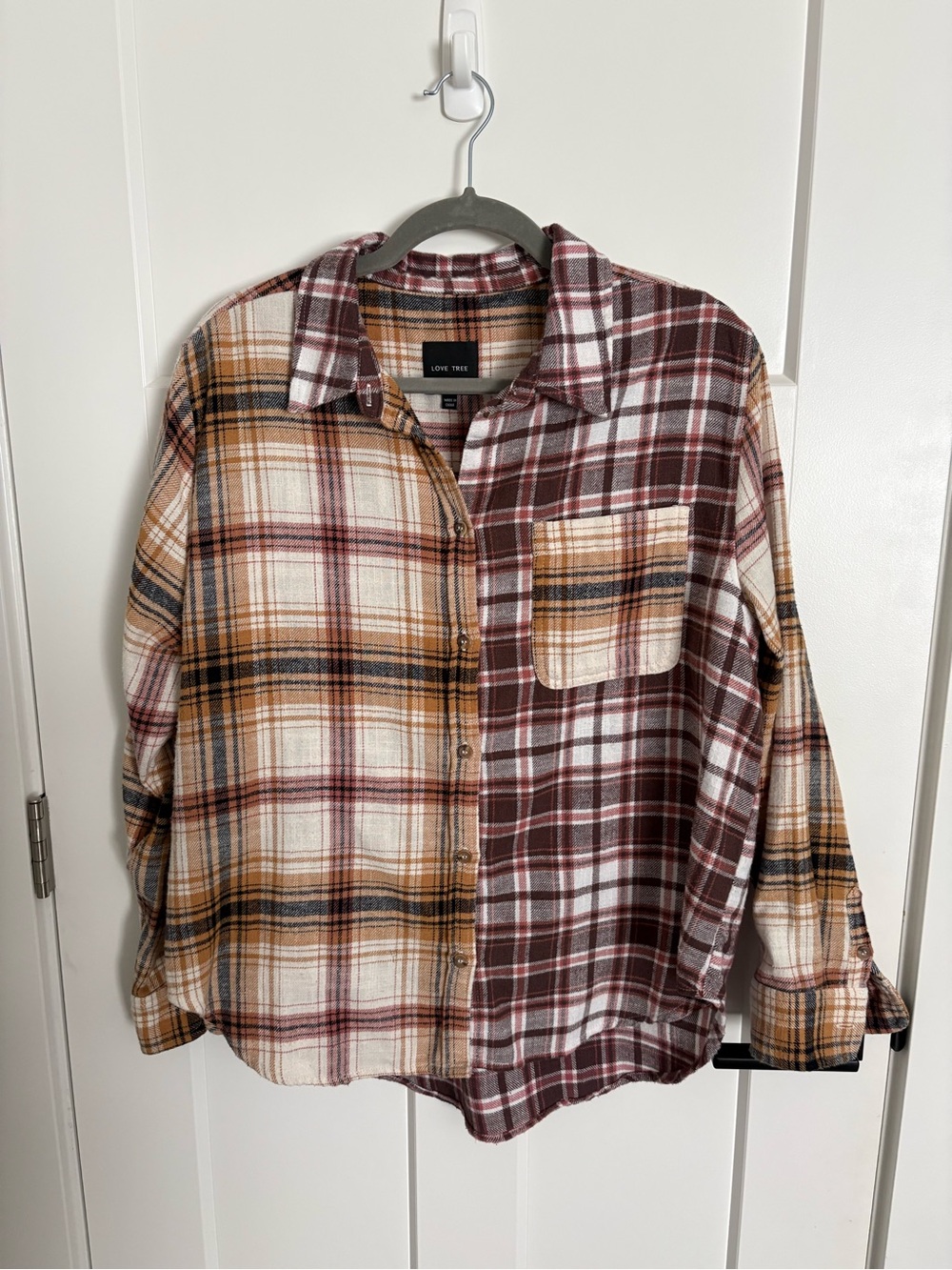 Love Tree Women's Split Plaid Button-Up Shirt in Brown & Cream